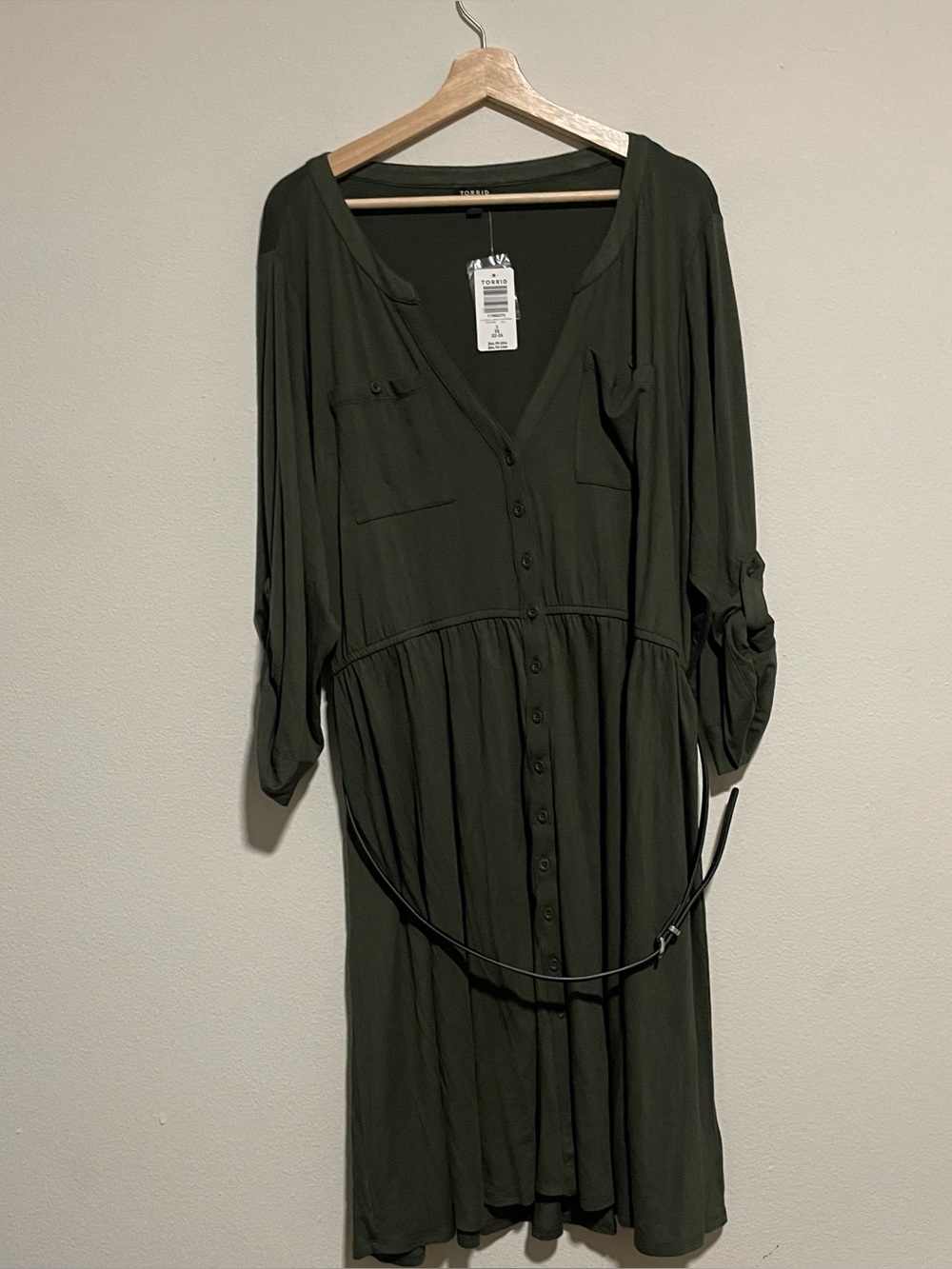 NWT Torrid Olive Green Super Soft Roll Tab Belted Shirt Dress, Size 3x